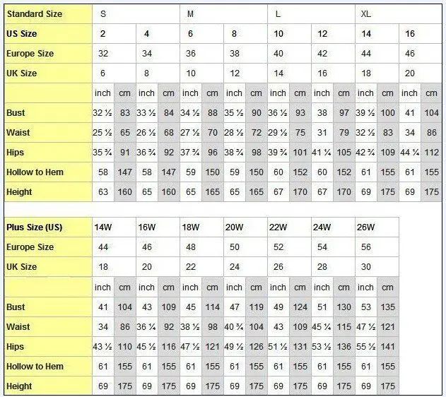 Size chart comparing US, Europe, and UK sizes with measurements in inches and centimeters.