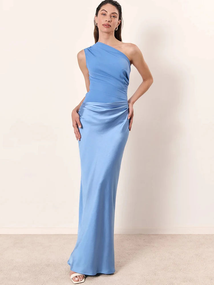 Women's One-Shoulder Patchwork Satin Maxi Dress