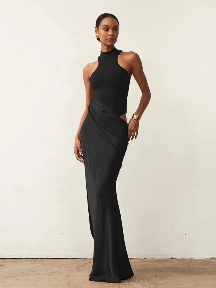 Women's Satin Sleeveless Hollow Out High Waist Maxi Dress