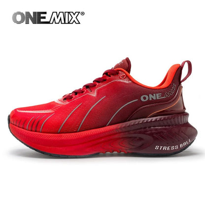 Red running shoe with 'ONEMIX' branding on a white background