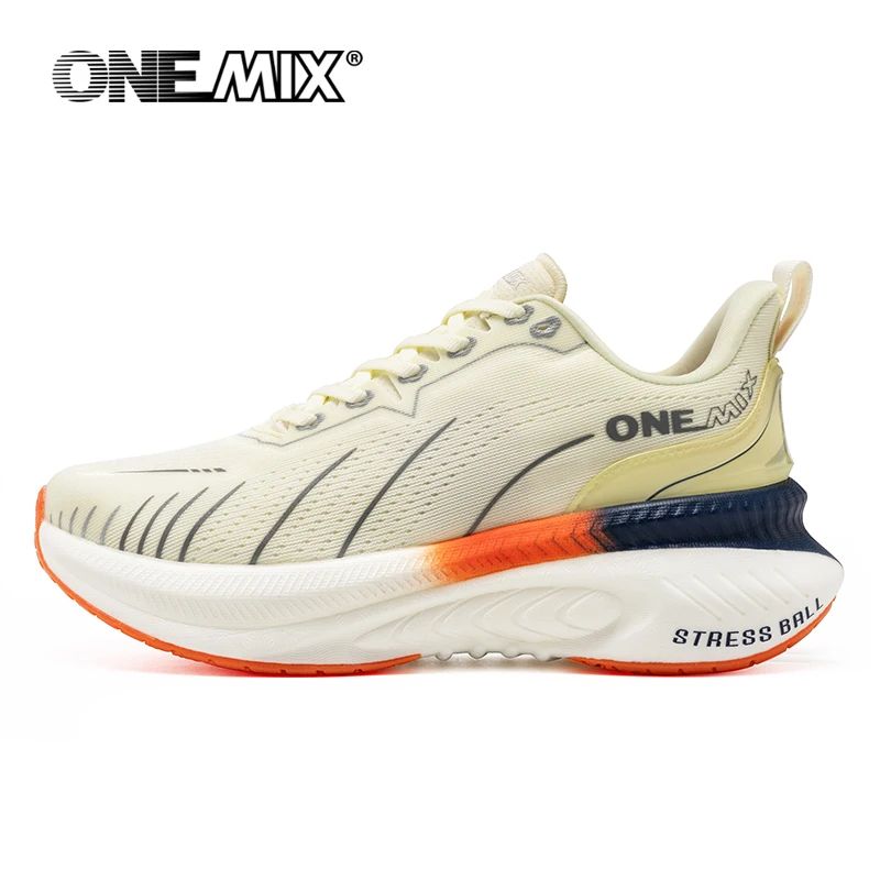 White running shoe with orange and blue accents on a white background, featuring the OneMix brand.