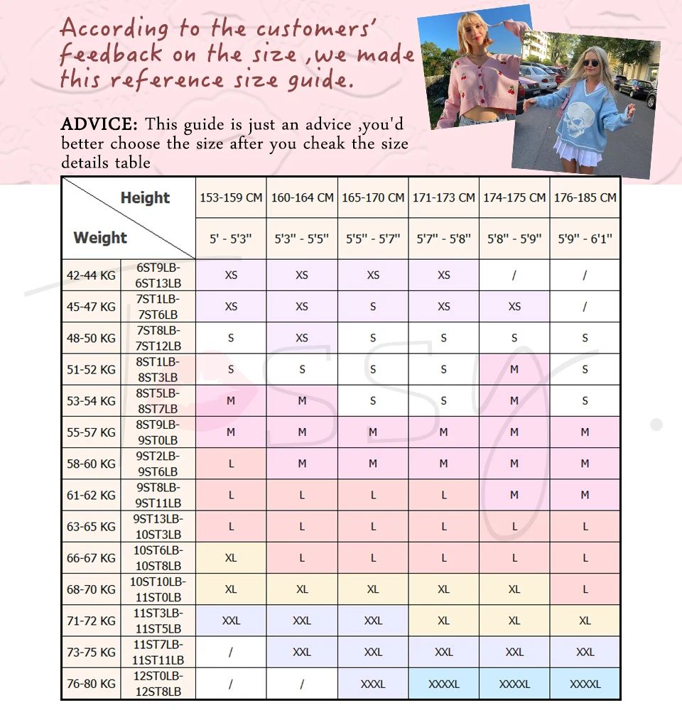 Size chart for clothing with height and weight guidance, featuring a pink border and text.