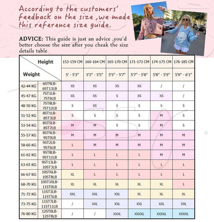Size chart for clothing with height and weight guidance, featuring a pink border and text.