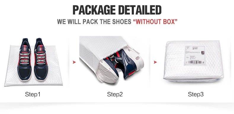 Steps to package shoes without a box, showing shoes on a mat, then rolled up, and finally in a package.