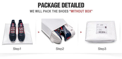 Steps to package shoes without a box, showing shoes on a mat, then rolled up, and finally in a package.