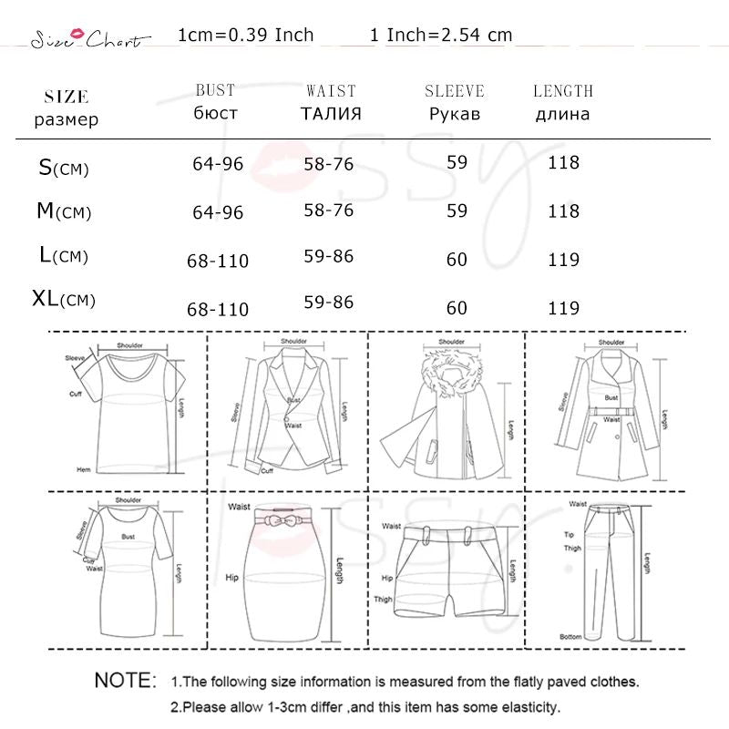 Size chart for clothing with measurements in centimeters and inches, including illustrations of various garments.