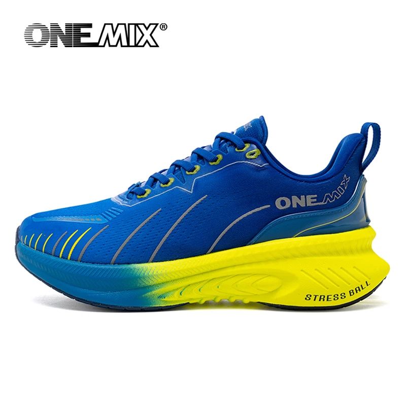 Blue and yellow running shoe with 'ONEMIX' branding on a white background