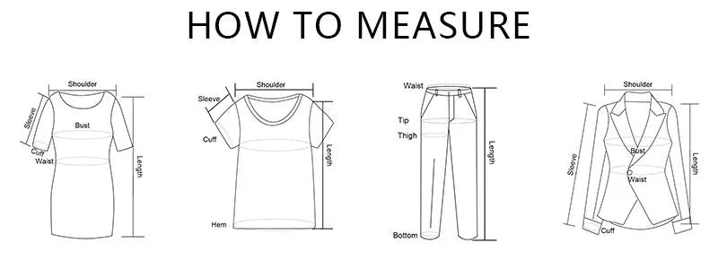 Diagram showing how to measure different clothing items with labeled dimensions.