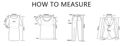 Diagram showing how to measure different clothing items with labeled dimensions.