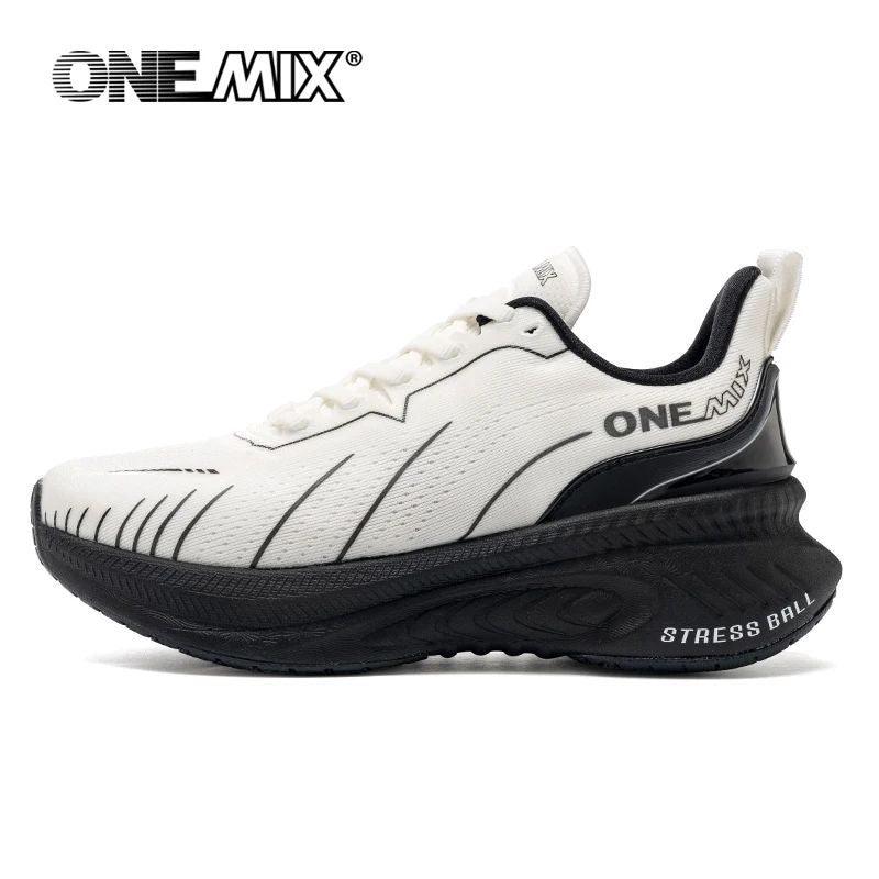 White and black running shoe with 'ONEMIX' branding on a white background