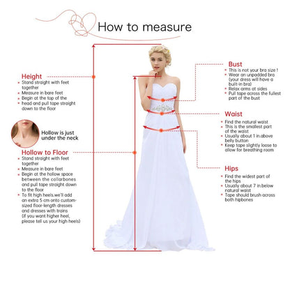 Measurement guide for a white dress with labeled parts and instructions.