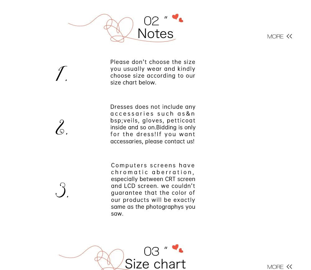 Text instructions for dress size selection with decorative elements on a white background