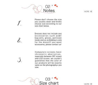 Text instructions for dress size selection with decorative elements on a white background
