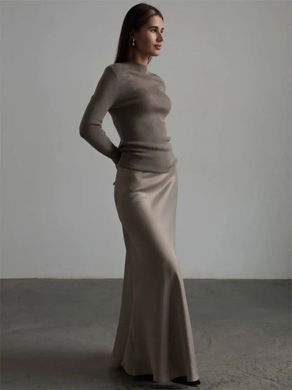 Women’s Satin Maxi Skirt – High Waist, Slim Fit, Solid Patchwork Elegant Casual 2026