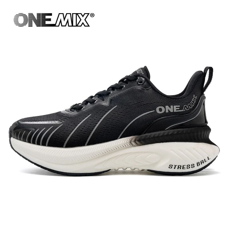 Black running shoe with white sole on a white background, featuring the OneMix brand.