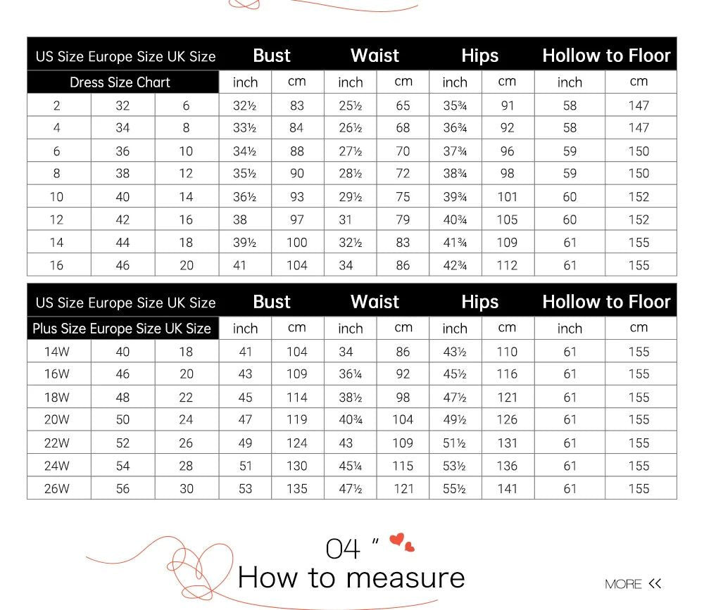Measurement chart for dresses with size conversions between US, Europe, and UK.