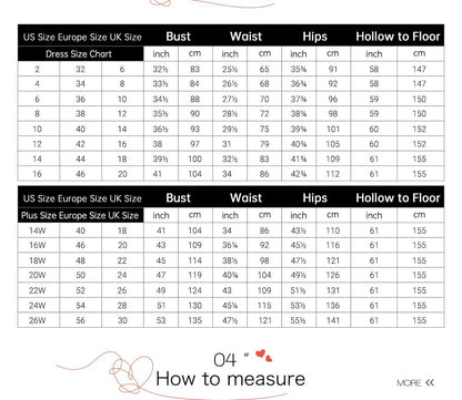 Measurement chart for dresses with size conversions between US, Europe, and UK.