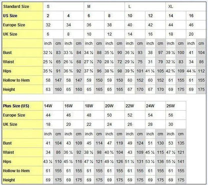 Size chart comparing US, Europe, and UK sizes with measurements in inches and centimeters.