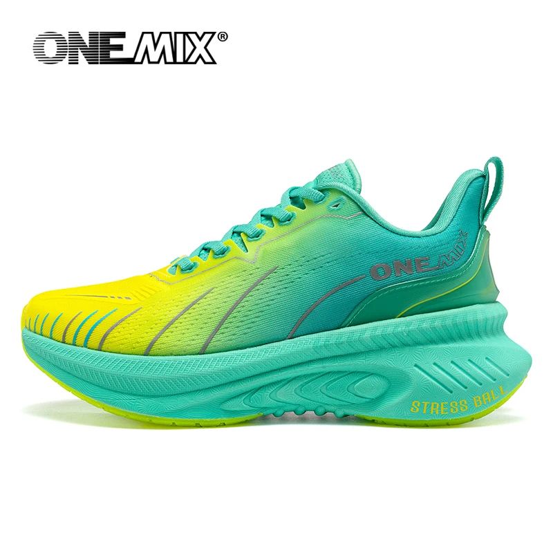 Turquoise and yellow running shoe with 'ONEMIX' branding on a white background