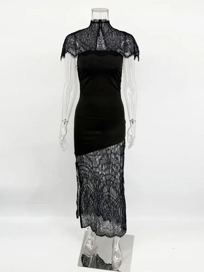 Women’s Lace Maxi Dress – Sheer Turtleneck Bandeau