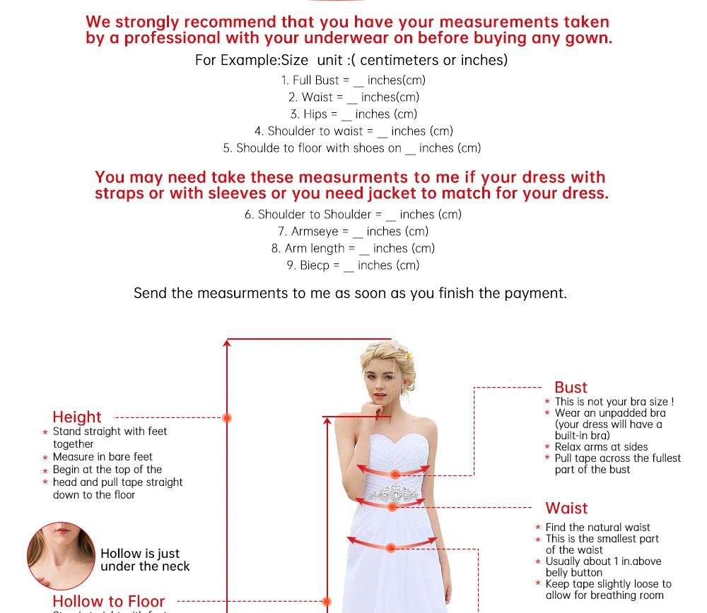 Measurement guide for a gown with a woman in a white dress