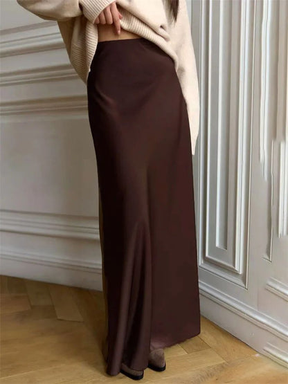 Women’s Satin Maxi Skirt – High Waist, Slim Fit, Solid Patchwork Elegant Casual 2026