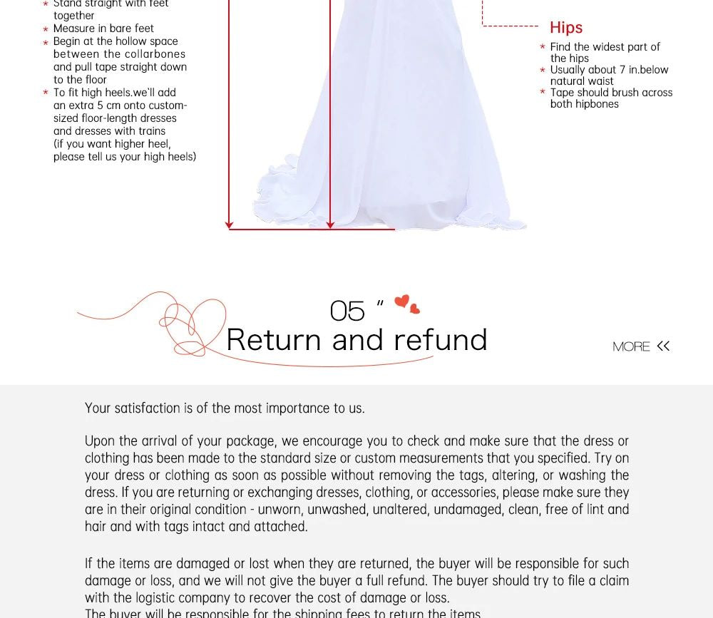 Measurement guide for dresses with text on return and refund policy.