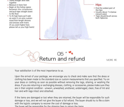 Measurement guide for dresses with text on return and refund policy.