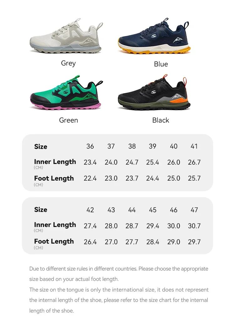 Four pairs of shoes in different colors with size chart below on a white background