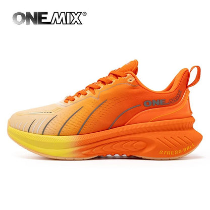 Orange running shoe with yellow sole on a white background, featuring the OneMix brand.