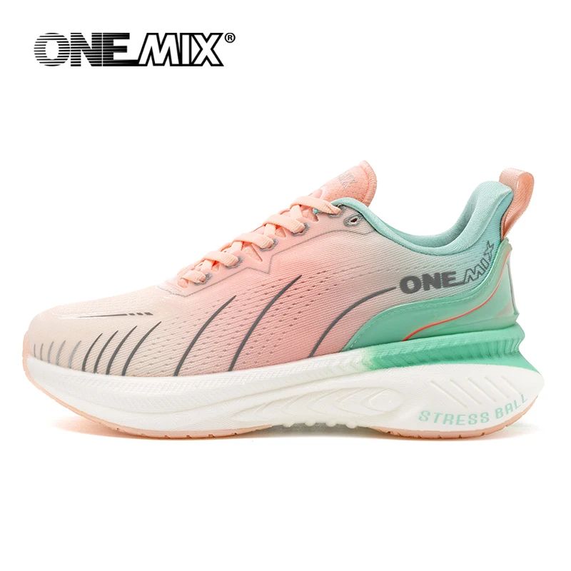 OneMix running shoe with pink and green design on a white background