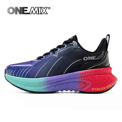 OneMix running shoe with colorful sole on a white background
