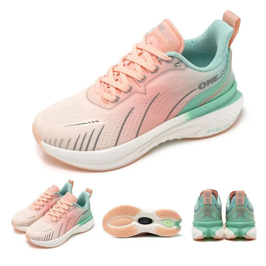 Pink and green running shoe with additional angles on a white background