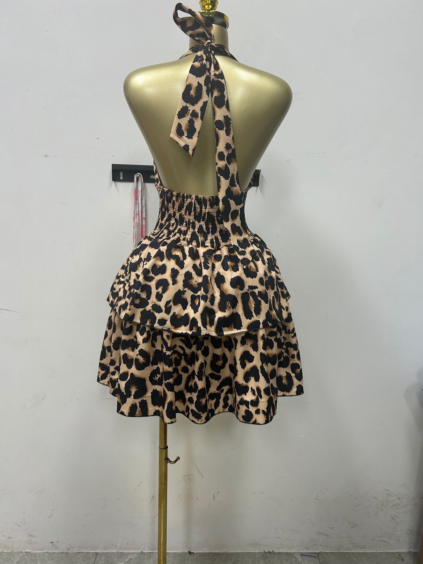 Women’s Leopard Halter Backless Ruffle Swing Mini Dress