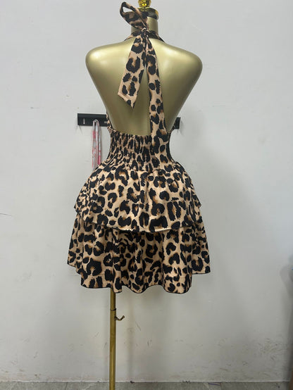 Women’s Leopard Halter Backless Ruffle Swing Mini Dress