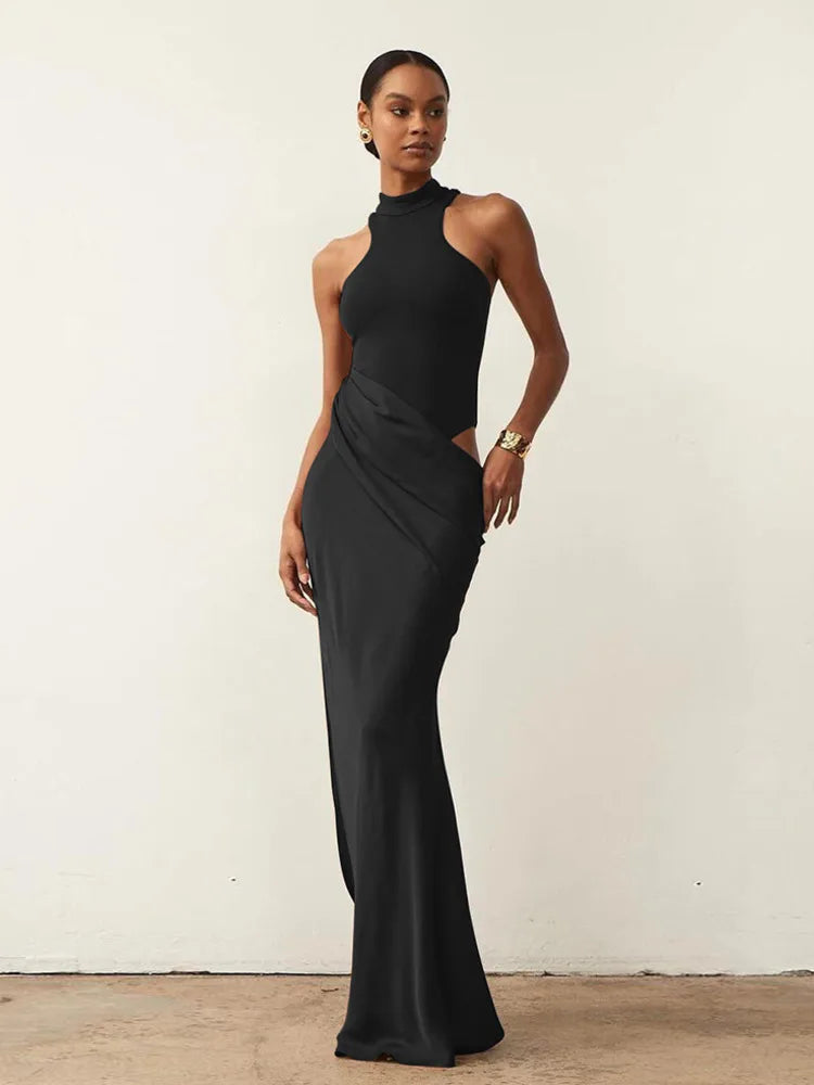 Women's Satin Sleeveless Hollow Out High Waist Maxi Dress