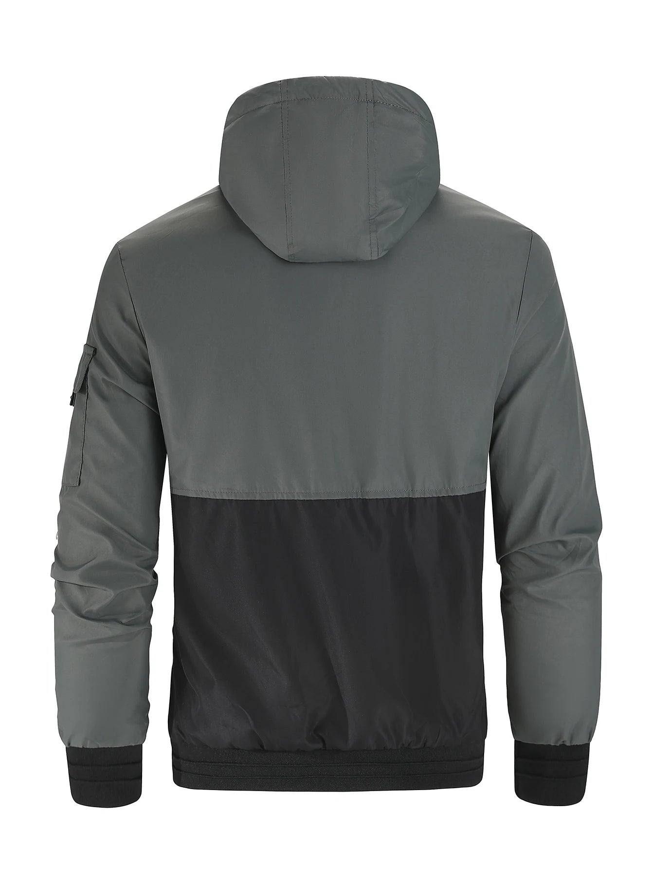Gray and black jacket with a hood on a white background