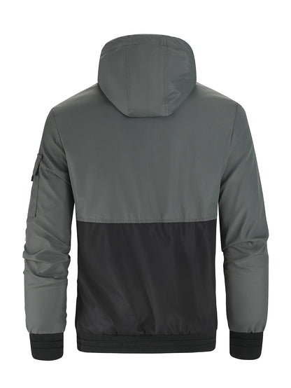 Gray and black jacket with a hood on a white background