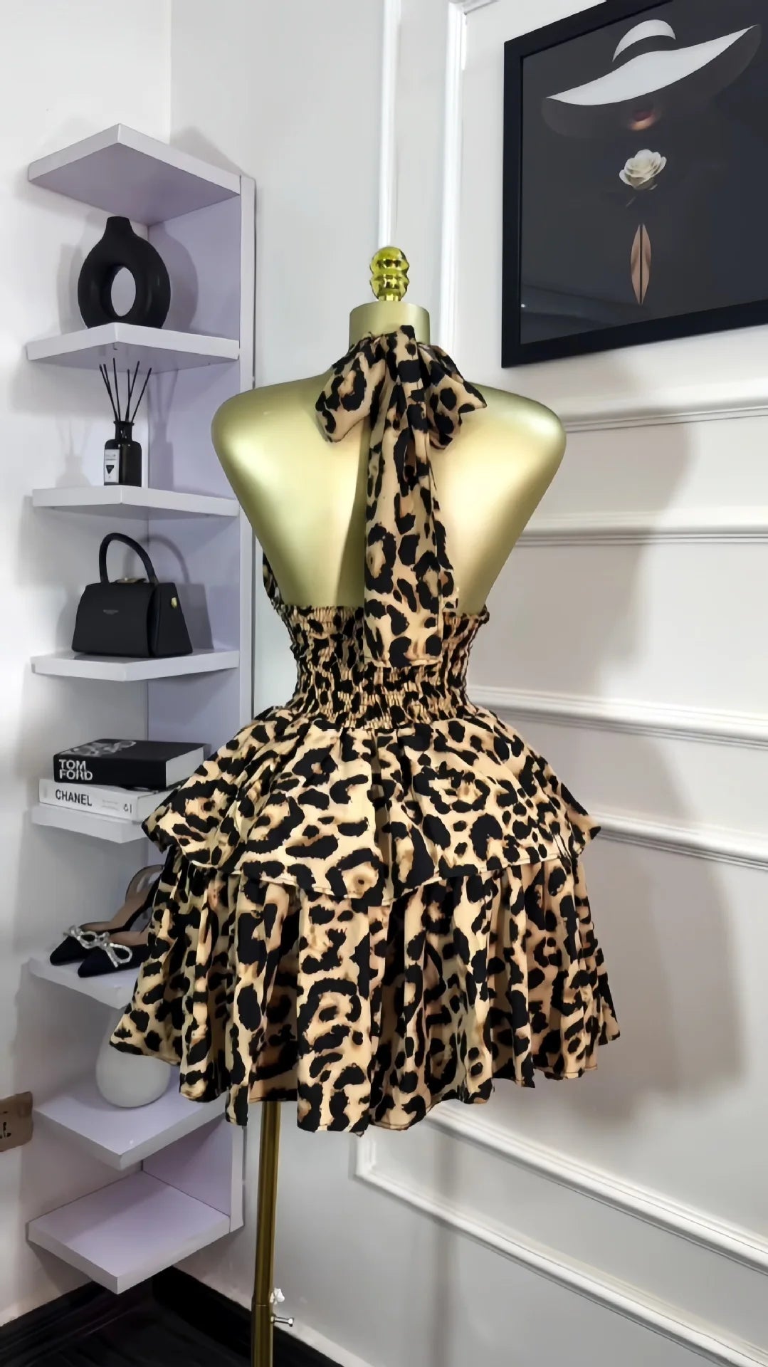 Women’s Leopard Halter Backless Ruffle Swing Mini Dress