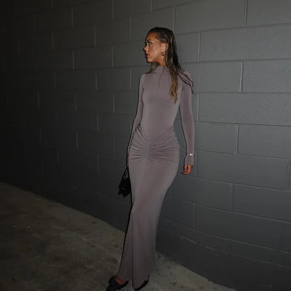 Women’s Pleated Patchwork Maxi Dress – High Waist, Long Sleeve, Slim Fit Party Dress