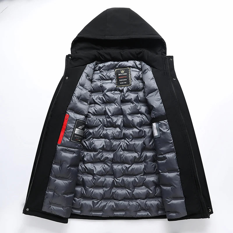 Black hooded puffer jacket with gray interior on a white background