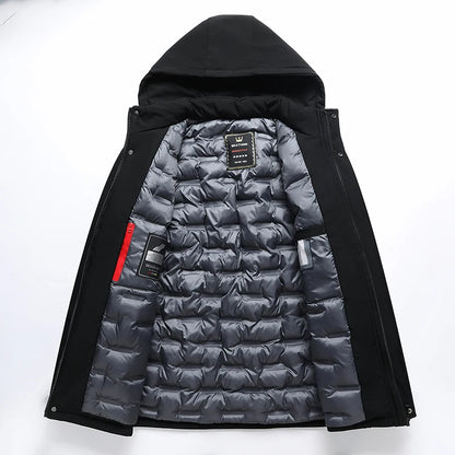 Black hooded puffer jacket with gray interior on a white background