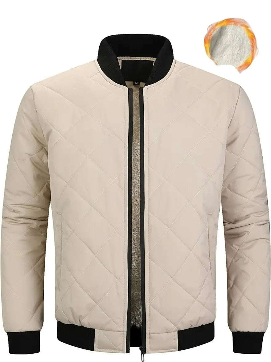 Beige quilted jacket with black accents on a white background