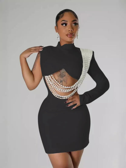 Women’s Full-Sleeve O-Neck Pearl Detail Mini Dress