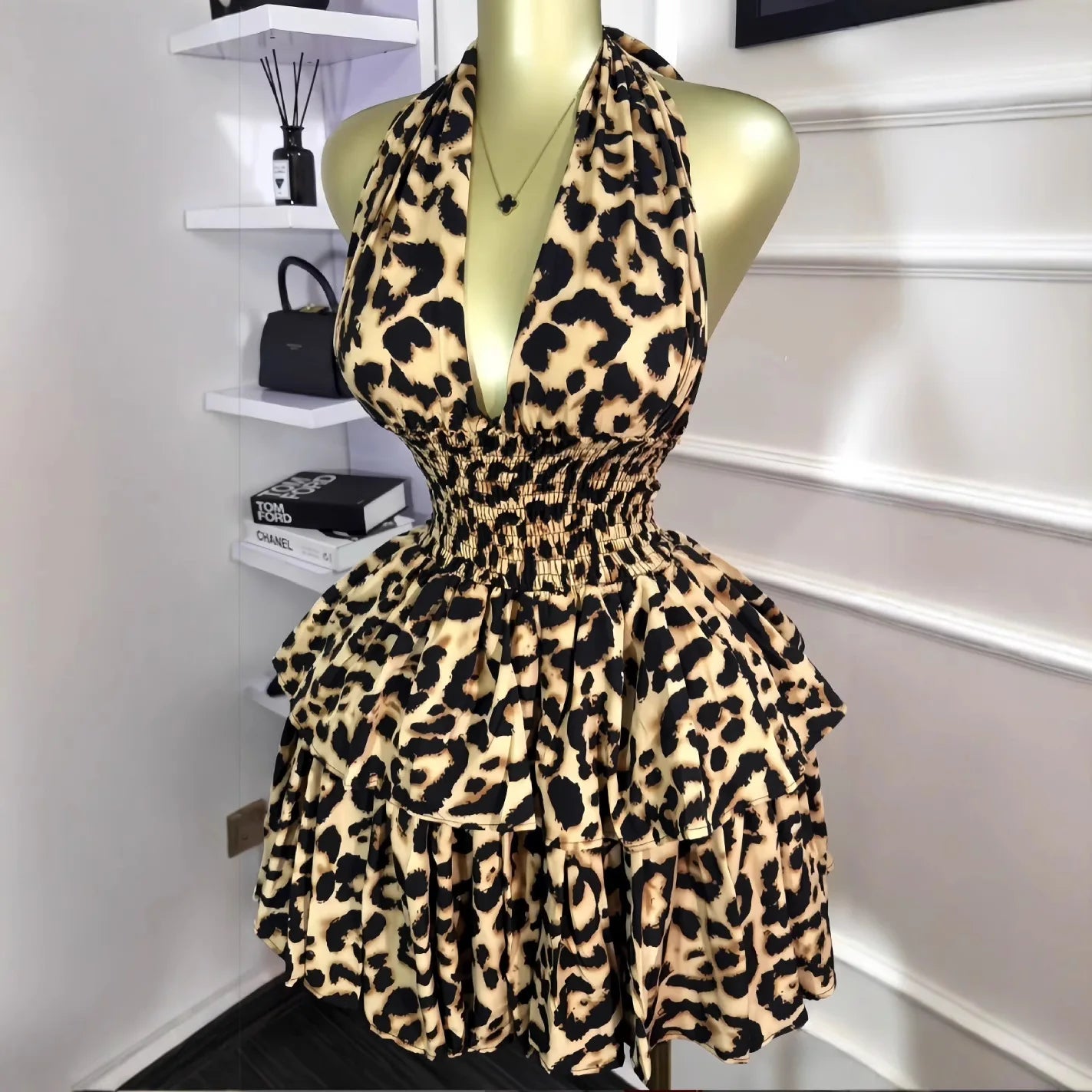 Women’s Leopard Halter Backless Ruffle Swing Mini Dress