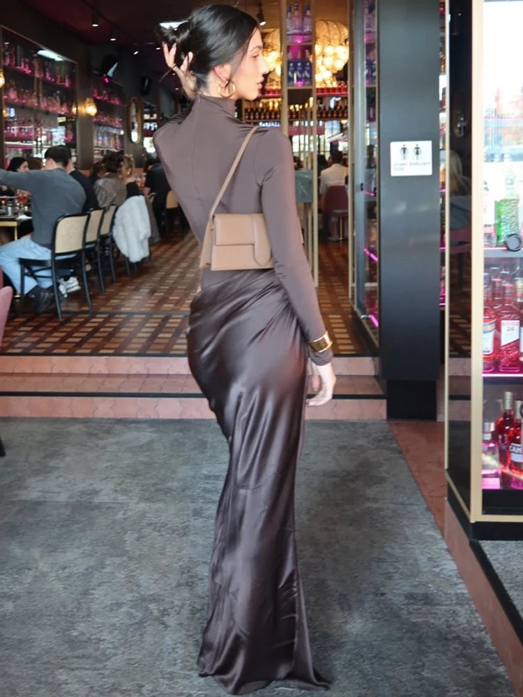 Women's Turtleneck Satin Hollow Out Long Sleeve Maxi Dress