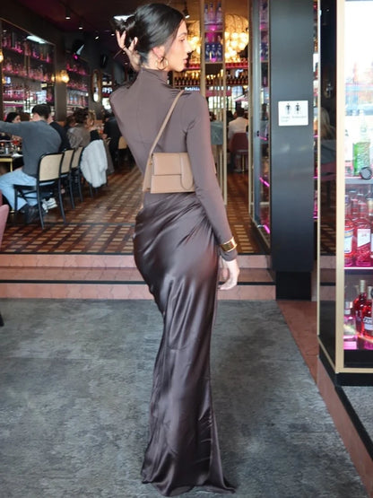 Women's Turtleneck Satin Hollow Out Long Sleeve Maxi Dress