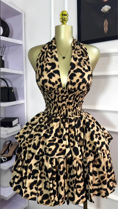 Women’s Leopard Halter Backless Ruffle Swing Mini Dress