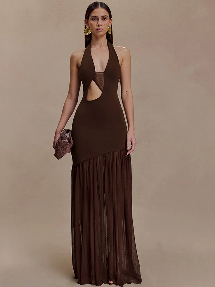 Women's Halter Backless Patchwork Hollow Out Maxi Dress