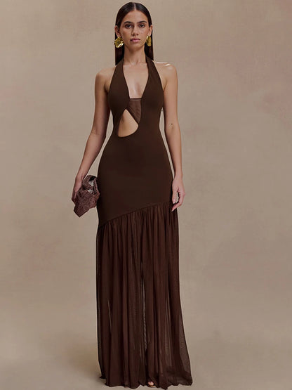 Women's Halter Backless Patchwork Hollow Out Maxi Dress